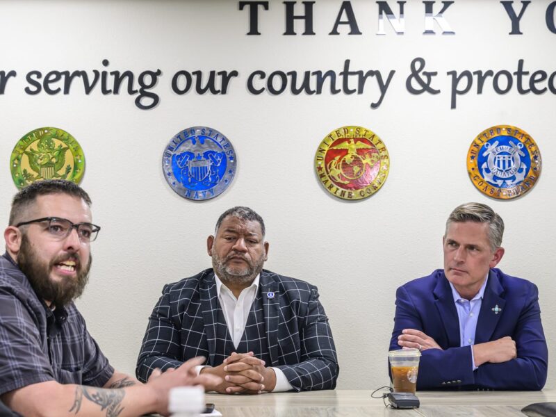 U.S. Senator Martin Heinrich, pictured on the right, along with Harold Pope, New Mexico State Senator and U.S. Air Force Veteran held a roundtable Conversation to discuss legislation to reinstate veterans fired by Musk’s "DOGE”. Pictured is Juan Martinez, left, who is a contract officer representative at the Albuquerque VA and an U.S. Air Force Veteran.