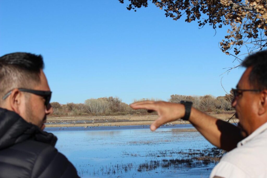 U.S. Rep. Gabe Vasquez, left, visited the Bosque del Apache National Wildlife Refuge on Dec. 6 to assess the impact of federal budget cuts and staffing shortages on the site.