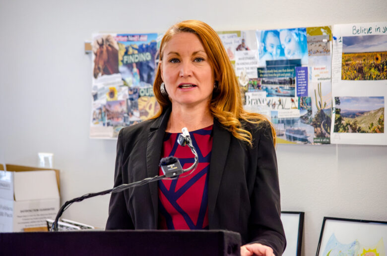 Rep. Melanie Stansbury, D-N.M., speaks during a press conference at Saranam's Westside campus, announcing more than $7.6 million in federal Community Project Funding for seven local housing and homelessness projects. Aug. 19, 2026, (Jesse Jones)