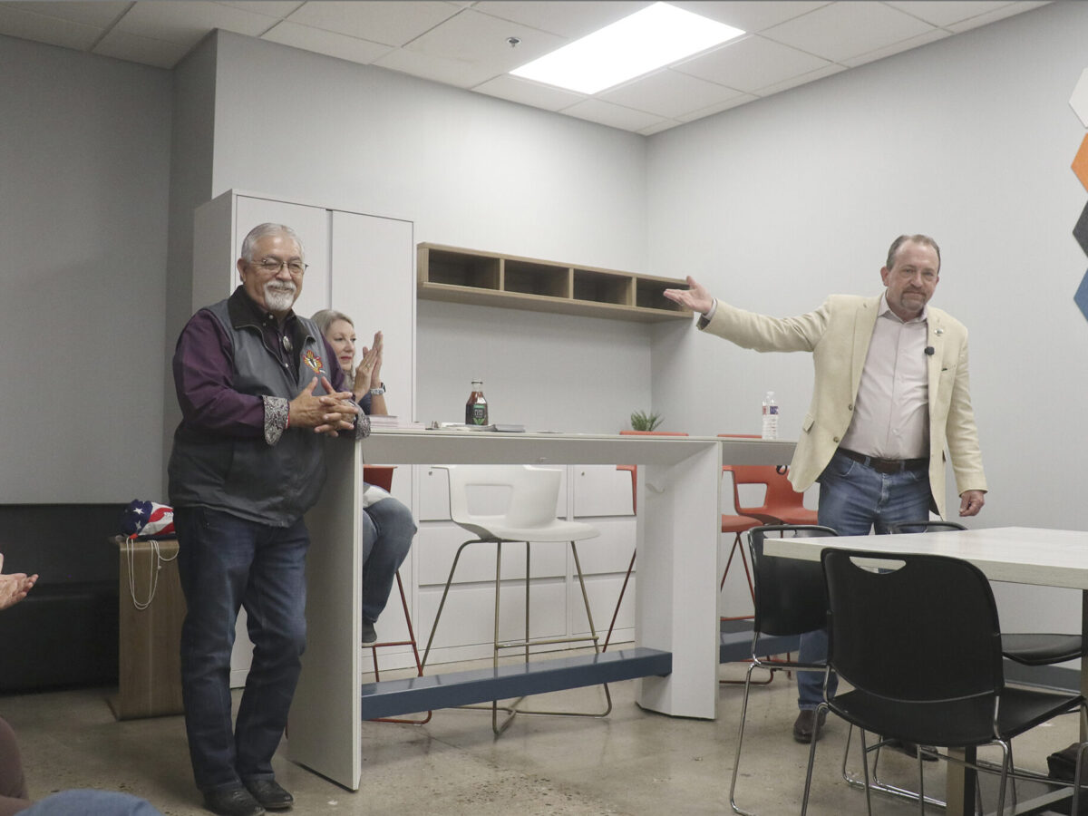 Greggory Hull, right, the Republican candidate for New Mexico governor introduces his running mate, David Gallegos, who is seeking to be the next Lt. governor. They appeared on Tuesday at The Valley Cafe to meet residents and talk about their campaign.
