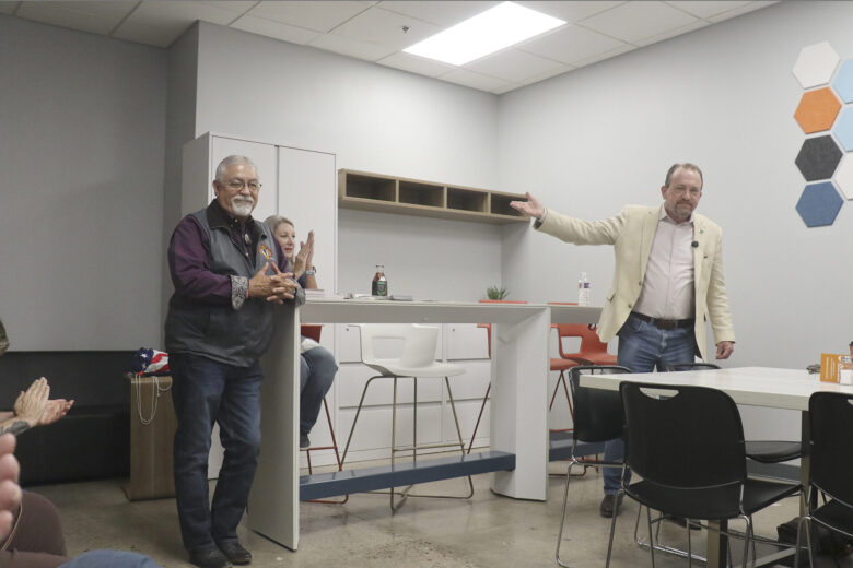 Greggory Hull, right, the Republican candidate for New Mexico governor introduces his running mate, David Gallegos, who is seeking to be the next Lt. governor. They appeared on Tuesday at The Valley Cafe to meet residents and talk about their campaign.