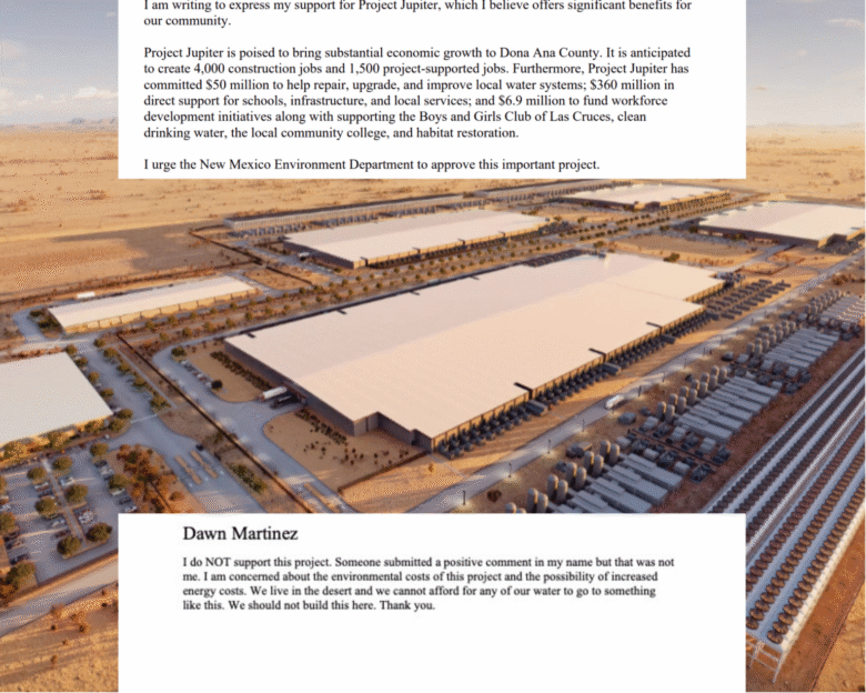 A rendering of Project Jupiter with a public comment in which an Albuquerque resident writes that prior comments in favor of the development made under her name were submitted without her knowledge or consent. (Rendering courtesy of STACK Infrastructure)