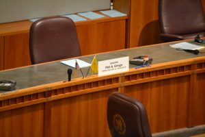 Senator Phil Griego's desk on March 14, 2015 after his resignation. Photo credit: Andy Lyman