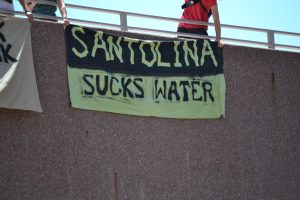 Anti-Santolina banner outside county commission chambers. Credit: Andy Lyman