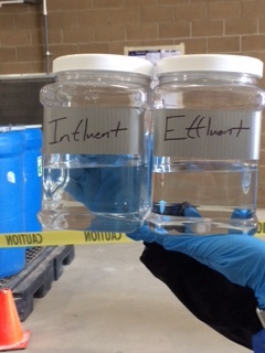 EDB is colorless and basically odorless. The container on the left contains contaminated water as it comes into the treatment plant. The container on the right contains water than has been cleaned of EDB.