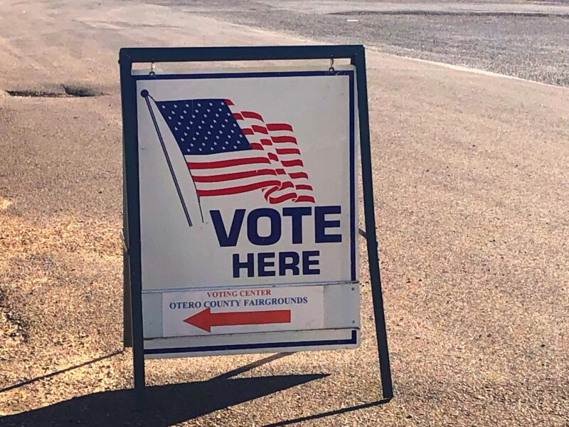 A "Vote Here" sign at the Otero County Fairgrounds in Alamogordo.