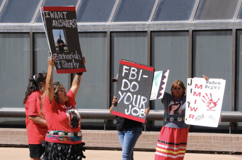 Indigenous families with loved ones who have gone missing or been murdered protest outside Albuquerque City Hall on July 21, 2023. Credit: Bella Davis/New Mexico In Depth