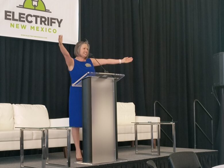 State Land Commissioner Stephanie Garcia Richard speaking at the Electrify NM conference in Albuquerque on April 11, 2025. Hannah Grover/NM Political Report