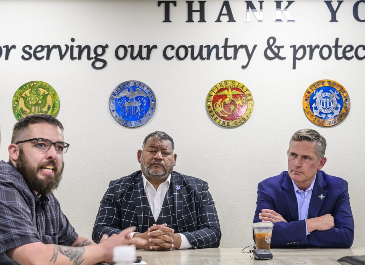 U.S. Senator Martin Heinrich, pictured on the right, along with Harold Pope, New Mexico State Senator and U.S. Air Force Veteran held a roundtable Conversation to discuss legislation to reinstate veterans fired by Musk’s "DOGE”. Pictured is Juan Martinez, left, who is a contract officer representative at the Albuquerque VA and an U.S. Air Force Veteran.