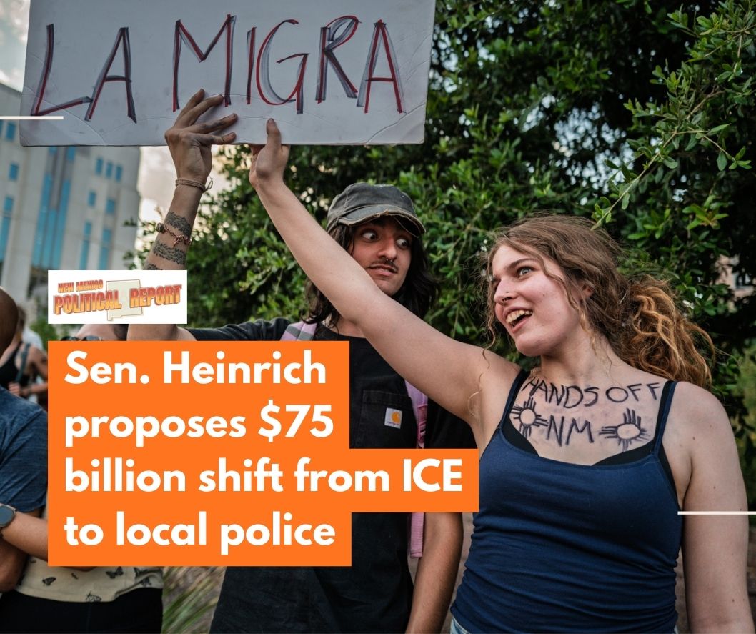 In June, Albuquerque’s downtown saw a large presence of anti ICE protesters marching throughout downtown. Many holding signs and chanting demanding that ICE gets out of Albuquerque. Pictured are protesters in downtown Civic Plaza. Photo by Roberto E. Rosales / The Paper