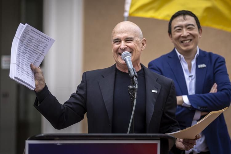 Andrew Yang and Bob Perls (r) speak outside the Roundhouse to launch the new Forward Party in New Mexico. Apr. 2026 (courtesy)