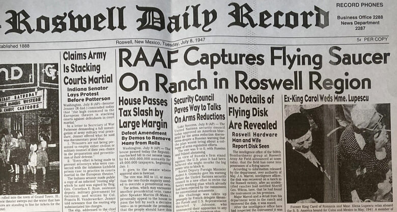 The July 8, 1947 front page of the Roswell Daily Record, which reported the alleged recovery of a "flying saucer" near Roswell — the story that made the newspaper internationally known. (Wikimedia Commons)