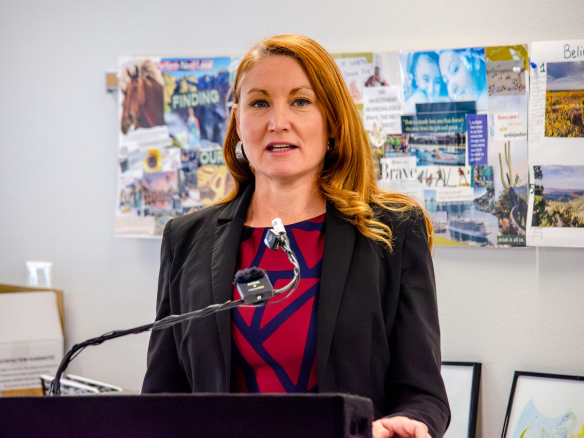 Rep. Melanie Stansbury, D-N.M., speaks during a press conference at Saranam's Westside campus, announcing more than $7.6 million in federal Community Project Funding for seven local housing and homelessness projects. Aug. 19, 2026, (Jesse Jones)