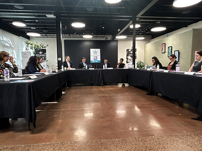 U.S. Sen. Martin Heinrich meets with New Mexico children’s advocates Wednesday at the Resilience Hub in downtown Albuquerque for a roundtable focused on education, health care and family economic security. (Jesse Jones)
