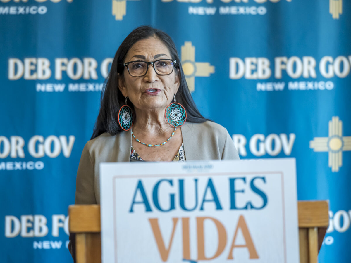 Gubernatorial candidate Deb Haaland held a process conference Thursday afternoon to announce her data center accountability plan at the Indian Pueblo Cultural Center. Photo by Roberto E. Rosales for the Paper