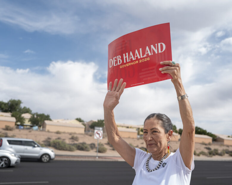 Democratic gubernatorial candidate Deb Haaland campaigns along Coors Blvd in Albuquerque’s westside Tuesday morning near the Andalucia Shopping Center. Photo by Roberto E. Rosales for the Paper