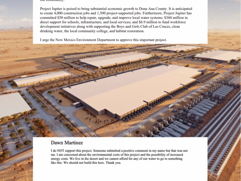 A rendering of Project Jupiter with a public comment in which an Albuquerque resident writes that prior comments in favor of the development made under her name were submitted without her knowledge or consent. (Rendering courtesy of STACK Infrastructure)